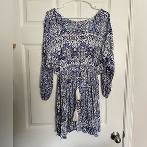 White Birch Bohemian Blue and White Printed Womens Dress with Tassel Tie Size S